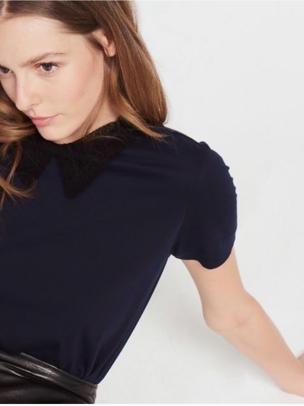 Sandro • Henria Lace Trimmed Cotton T-Shirt Navy | Size: 3 (US 8/L)